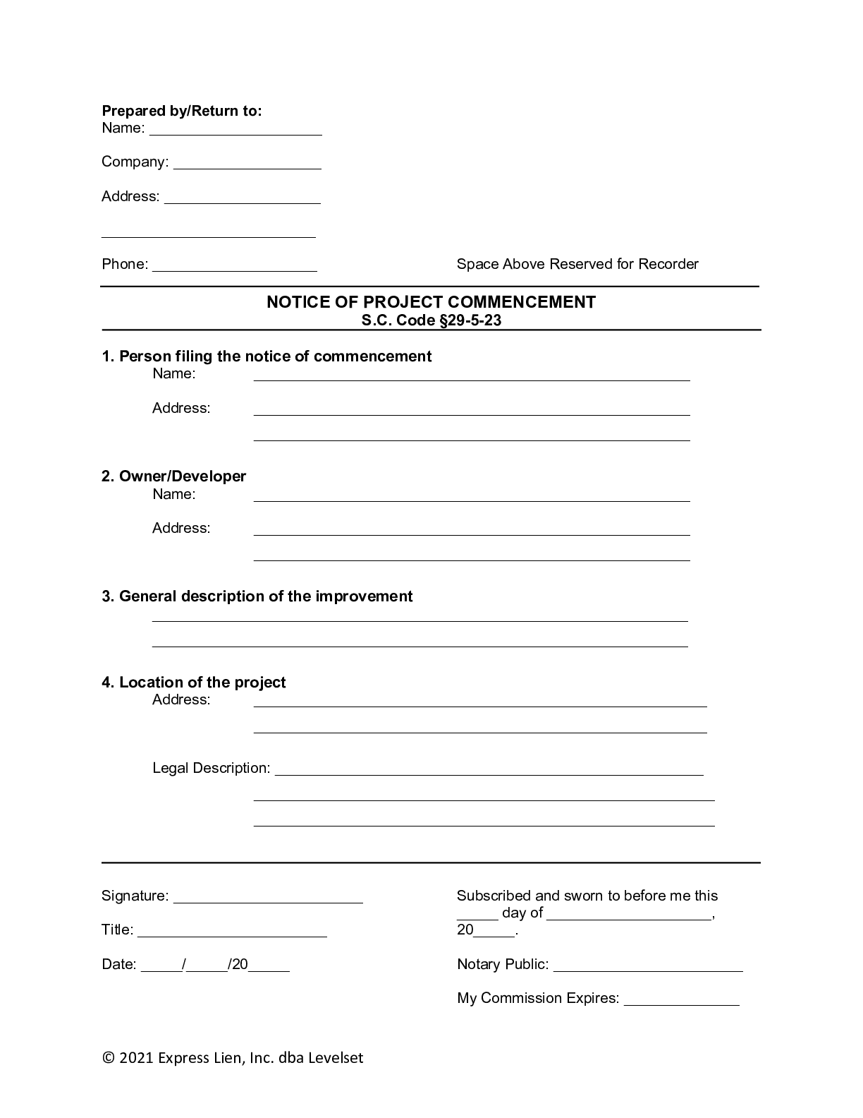 South Carolina Notice of Project Commencement Form - free from