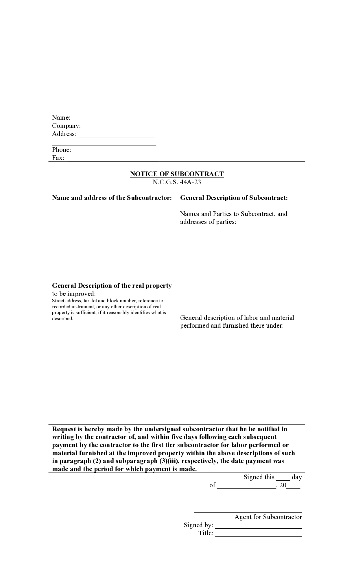 South Carolina Notice of SubContract Form