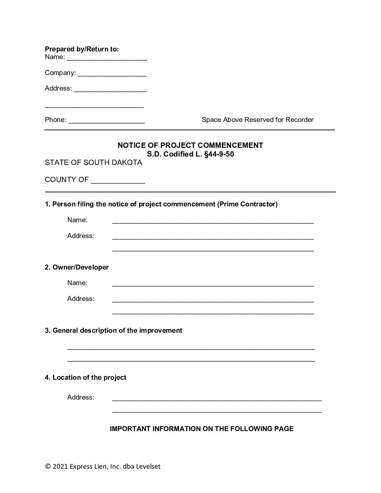 South Dakota Notice of Project Commencement Form - free from