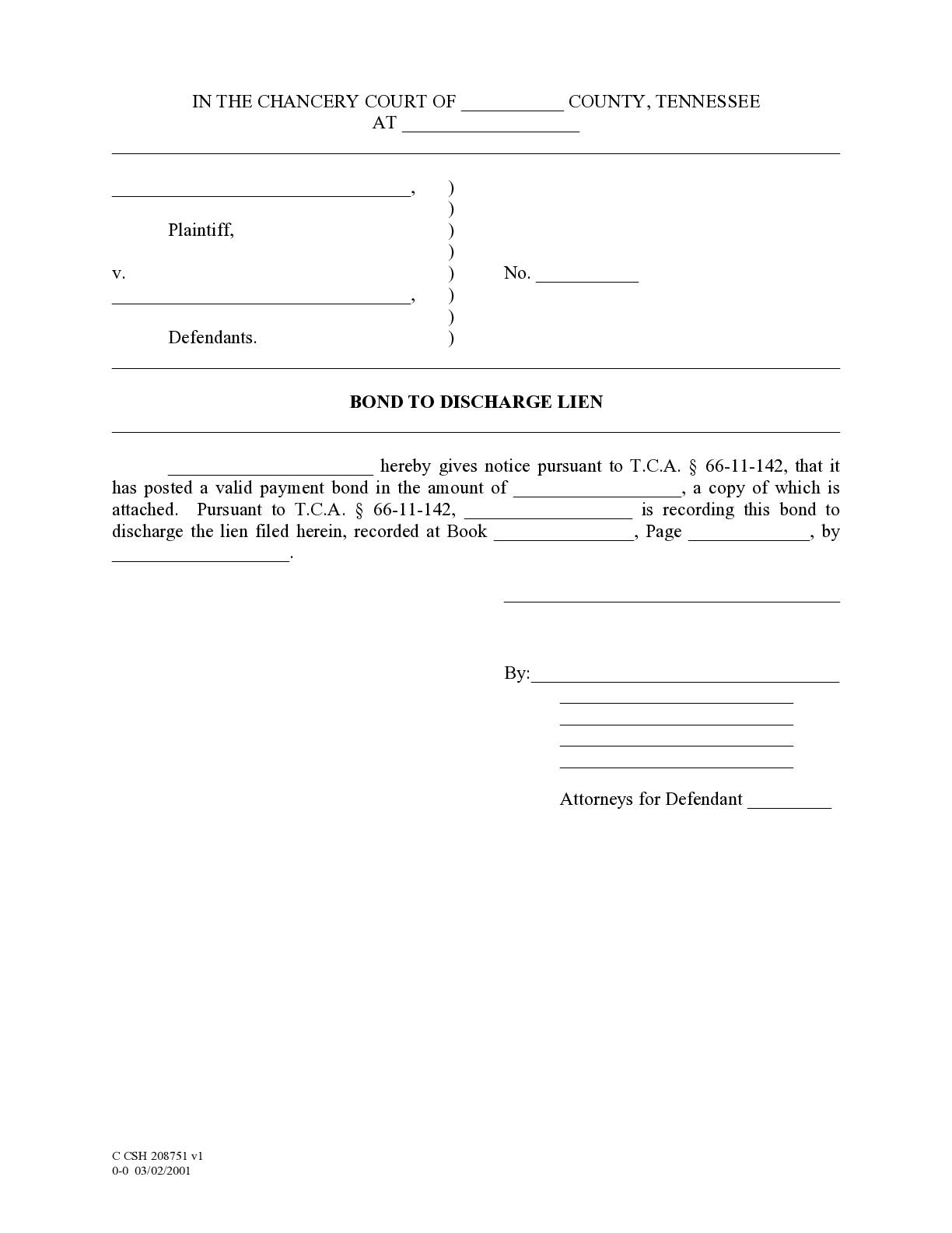 Tennessee Bond to Discharge Lien Form - free from