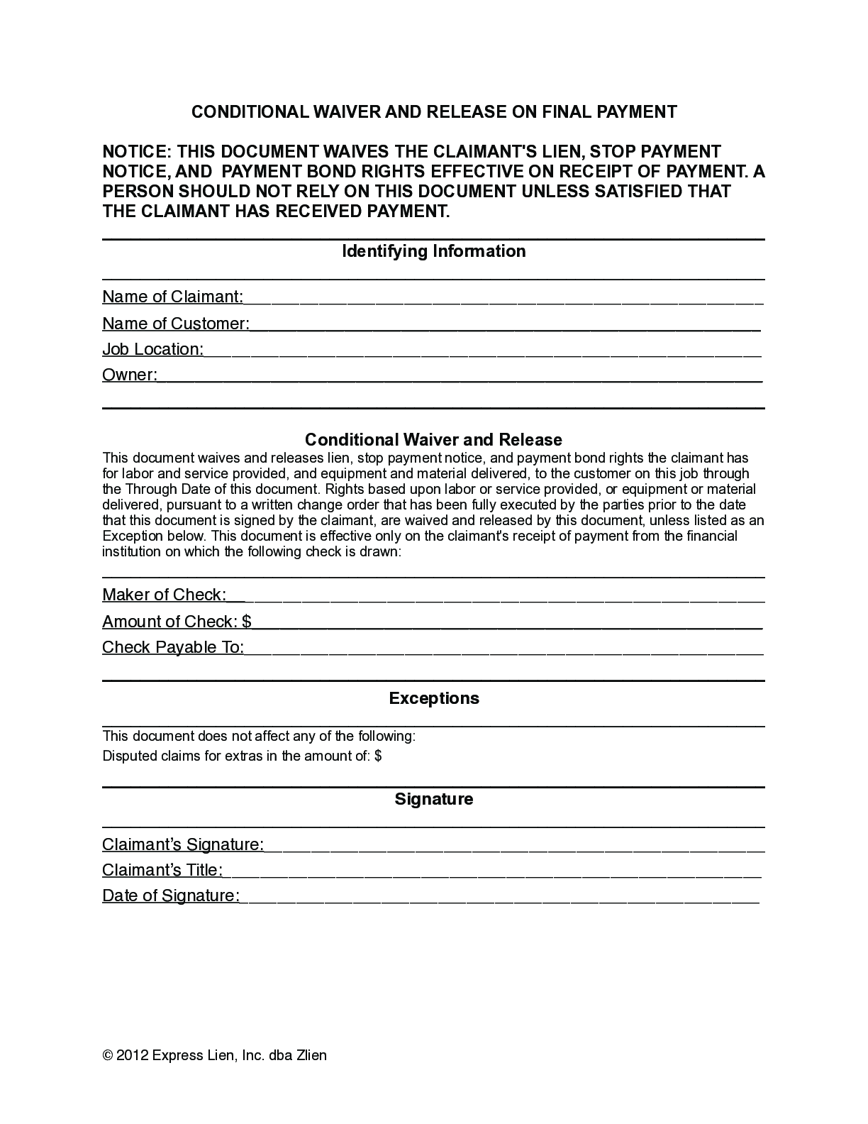 Tennessee Final Conditional Lien Waiver Form - free from