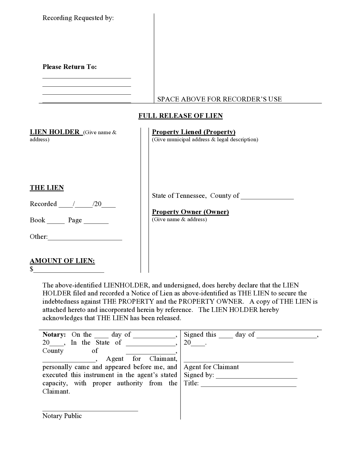 Tennessee Mechanics Lien Release Form - free from
