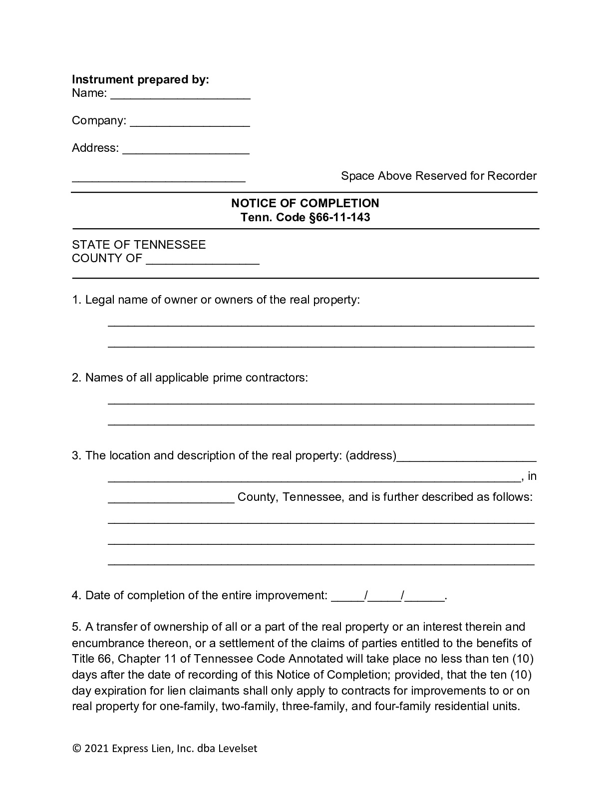 Tennessee Notice of Completion Form