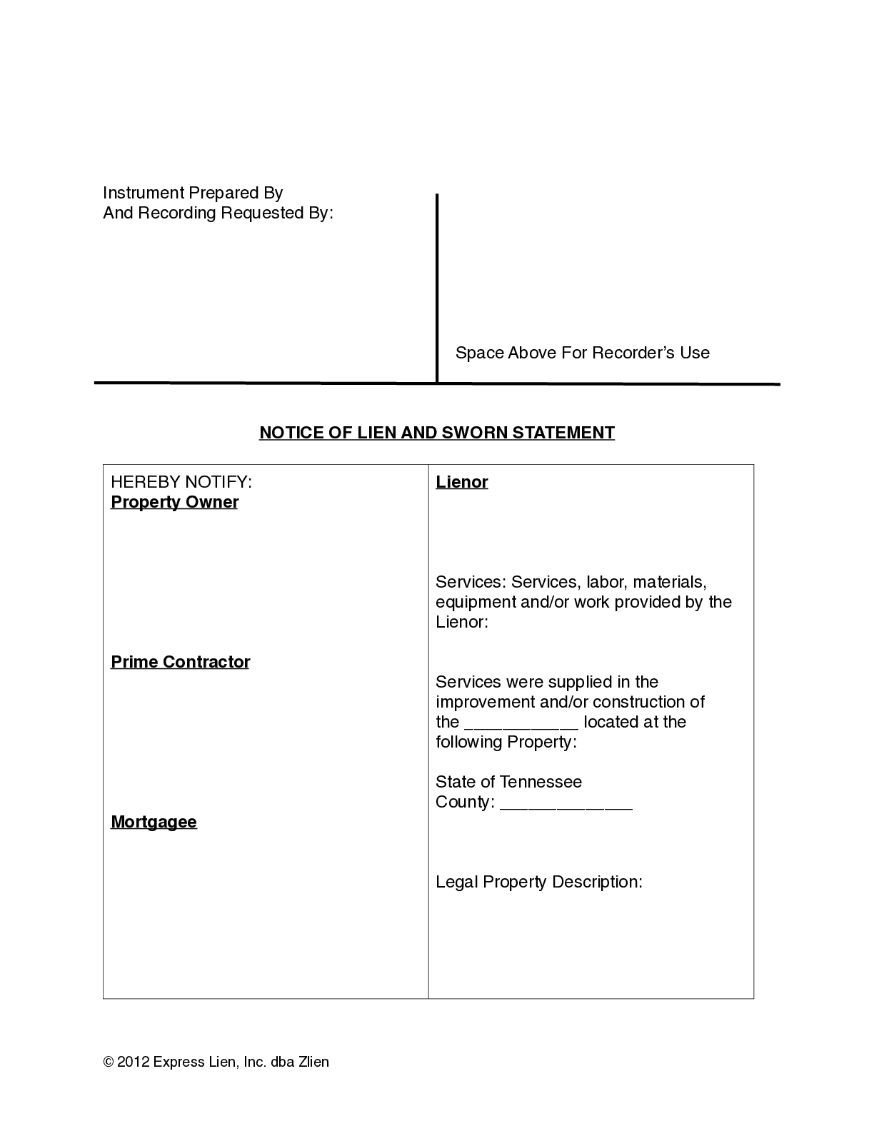 Tennessee Notice of Lien Form