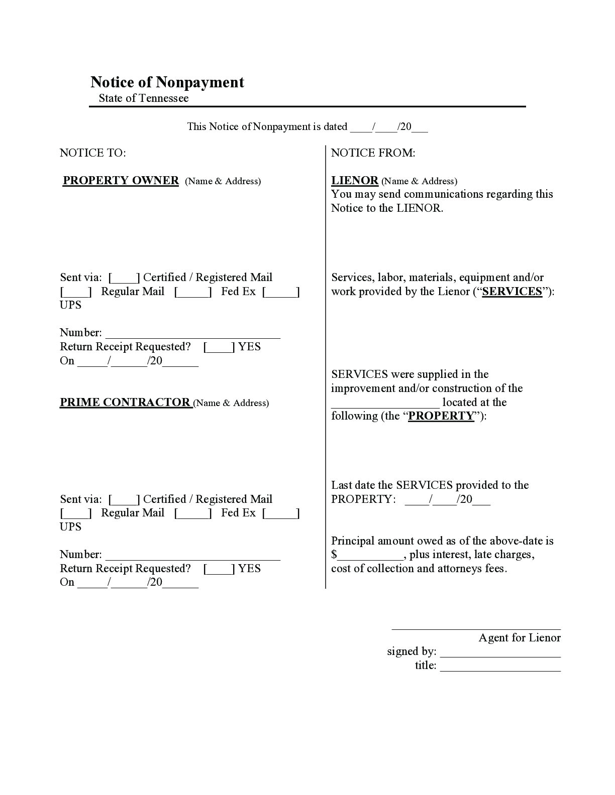 Tennessee Notice of Non-Payment Form