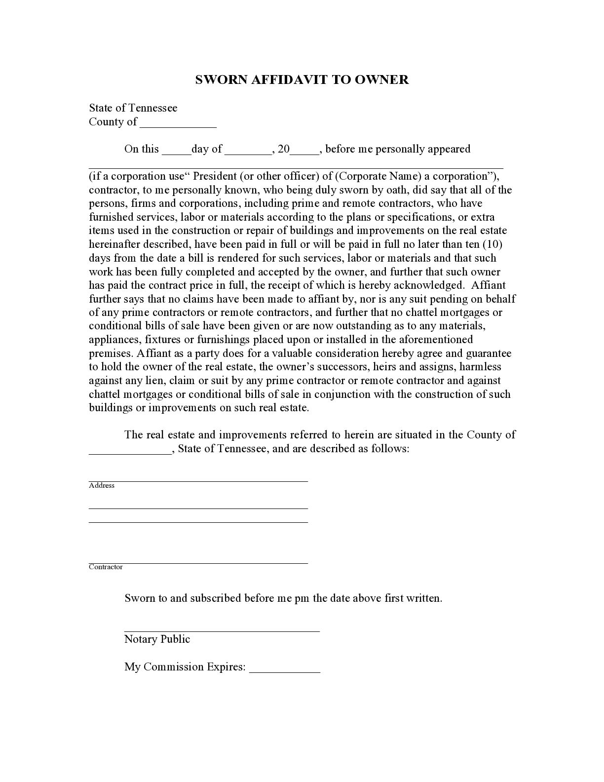 Tennessee Sworn Affidavit to Owner Form - free from