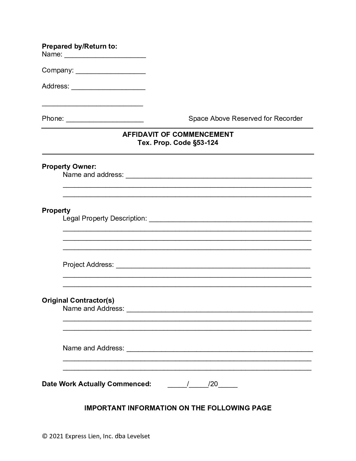 Texas Affidavit of Commencement Form - free from