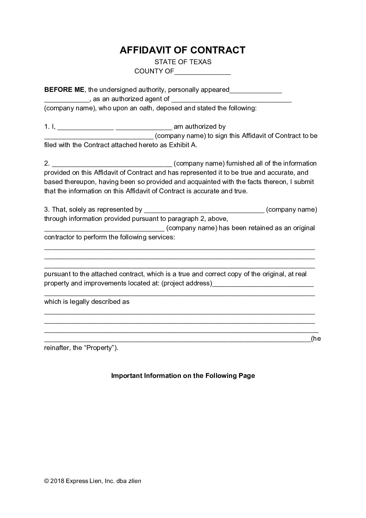 Texas Affidavit of Contract – Homestead Form