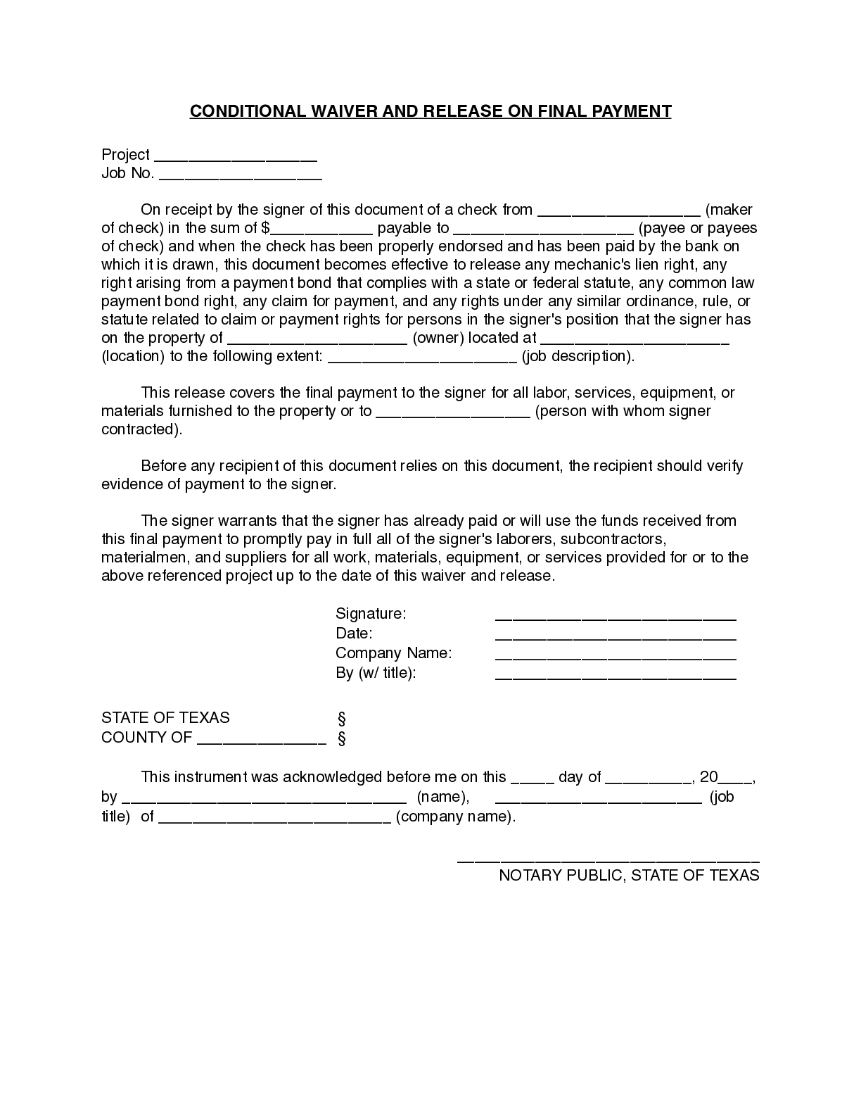 Texas Final Conditional Lien Waiver Form - free from