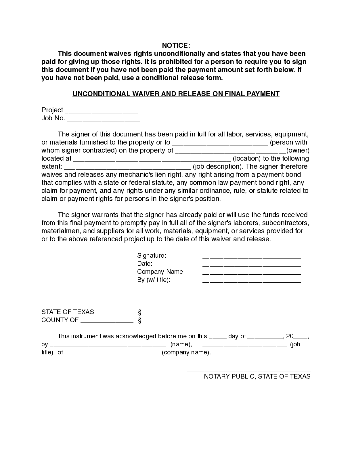 Texas Final Unconditional Lien Waiver Form - free from