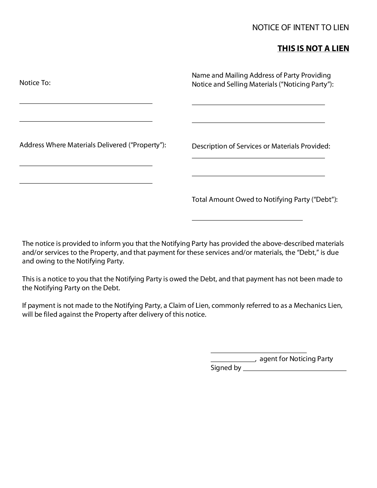 Texas Notice of Intent to Lien Form