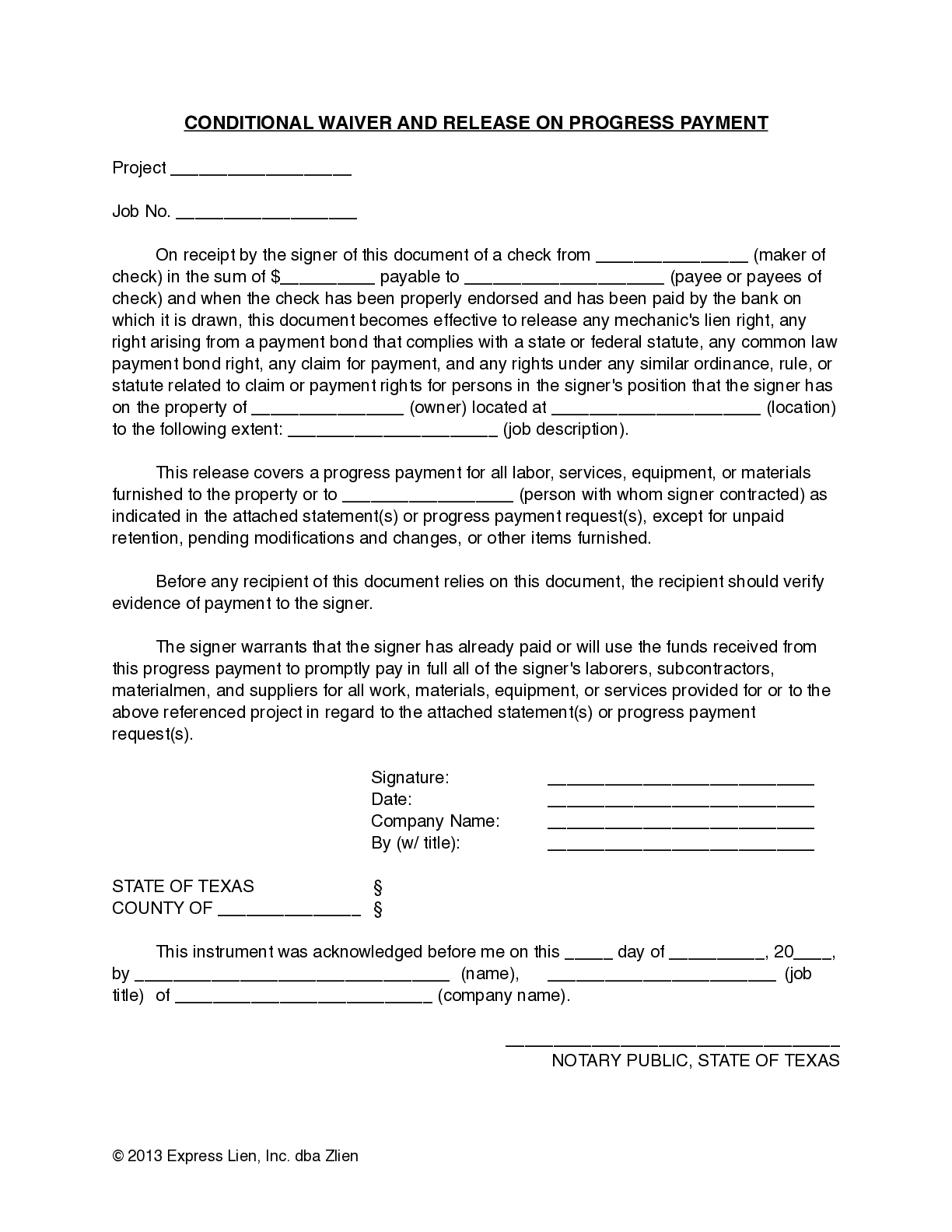 Texas Partial Conditional Lien Waiver Form - free from