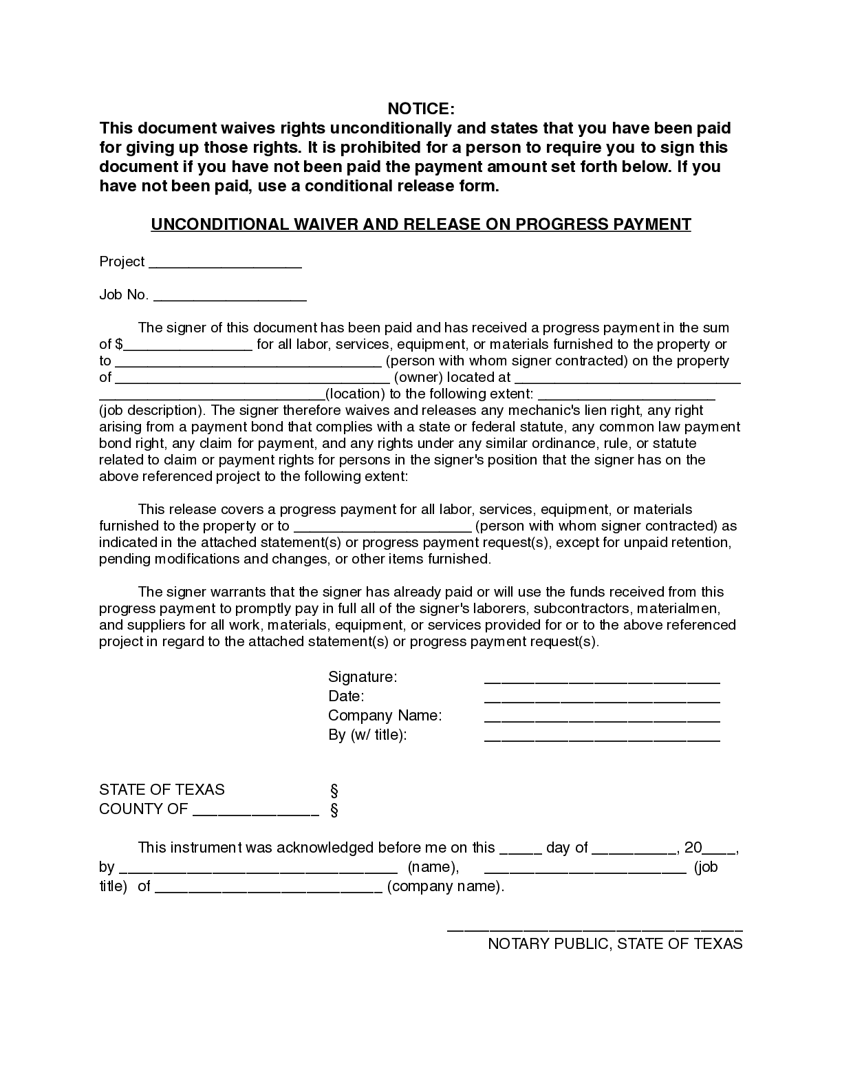 Texas Partial Unconditional Lien Waiver Form - free from