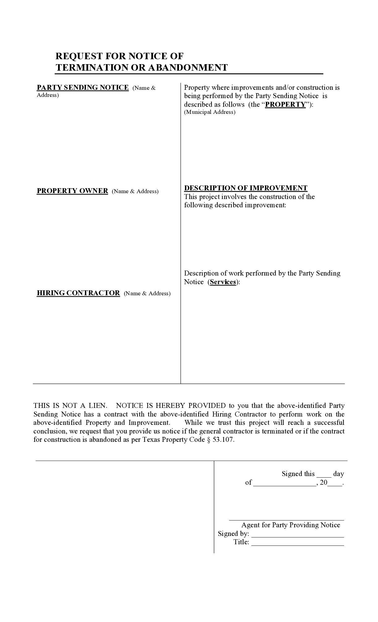 Texas Request For Notice of Termination Form