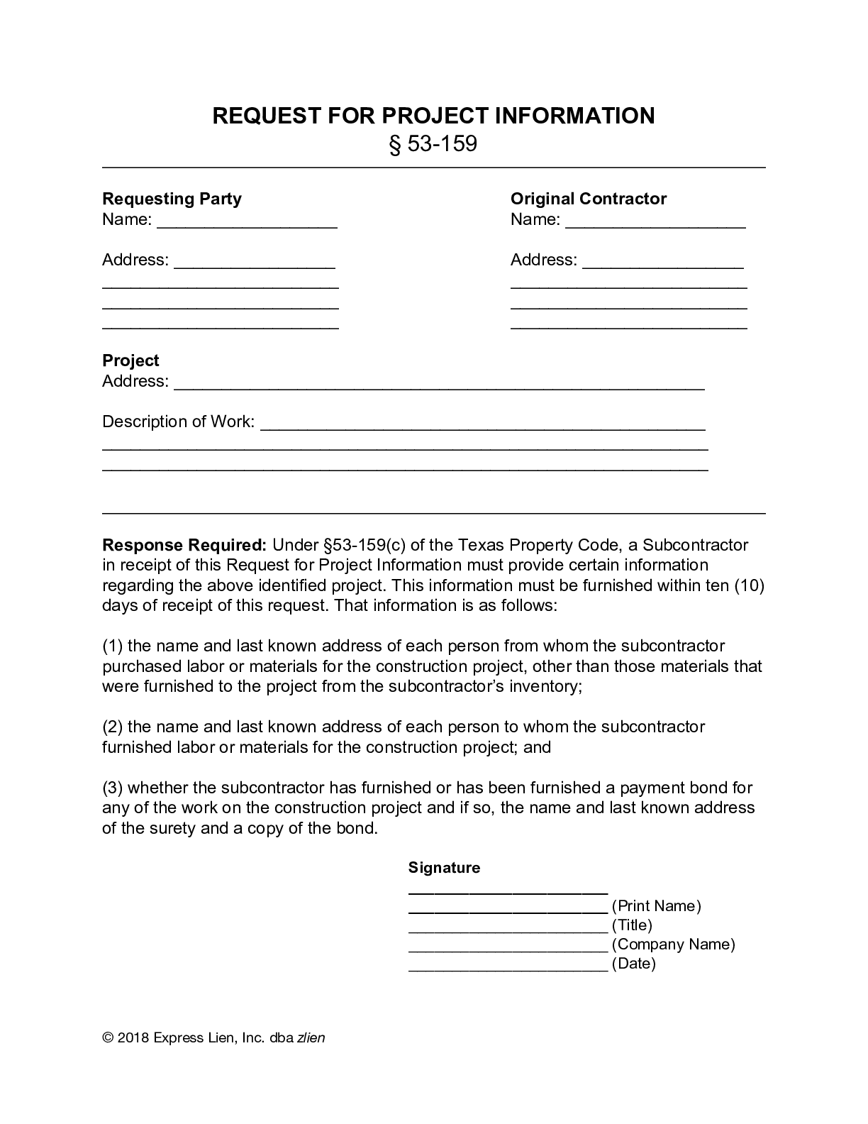 Texas Request for Project Information Form