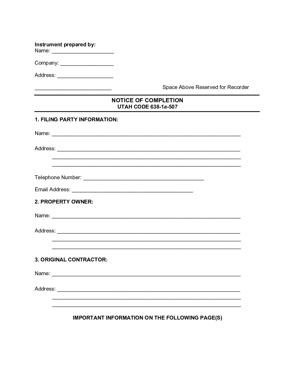 Utah Notice of Completion Form