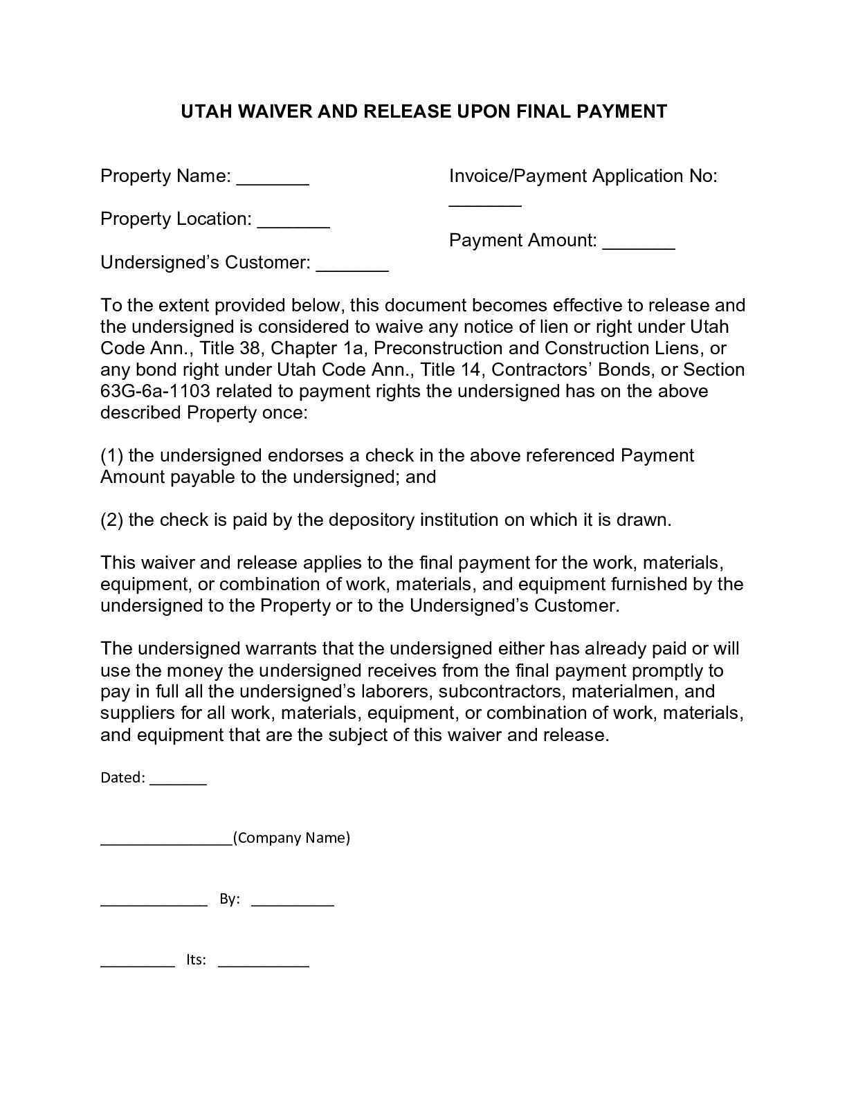 Utah Waiver and Release Upon Final Payment Form