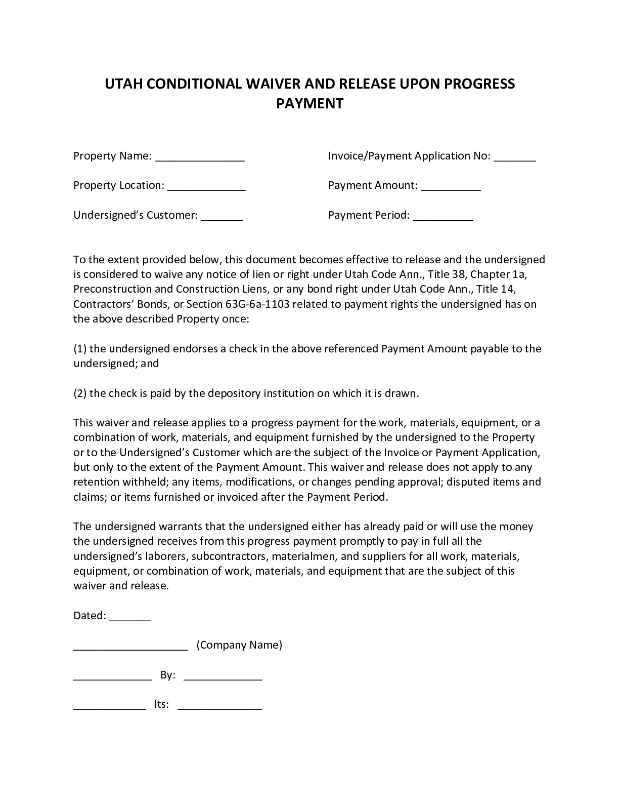 Utah Waiver and Release Upon Progress Payment Form