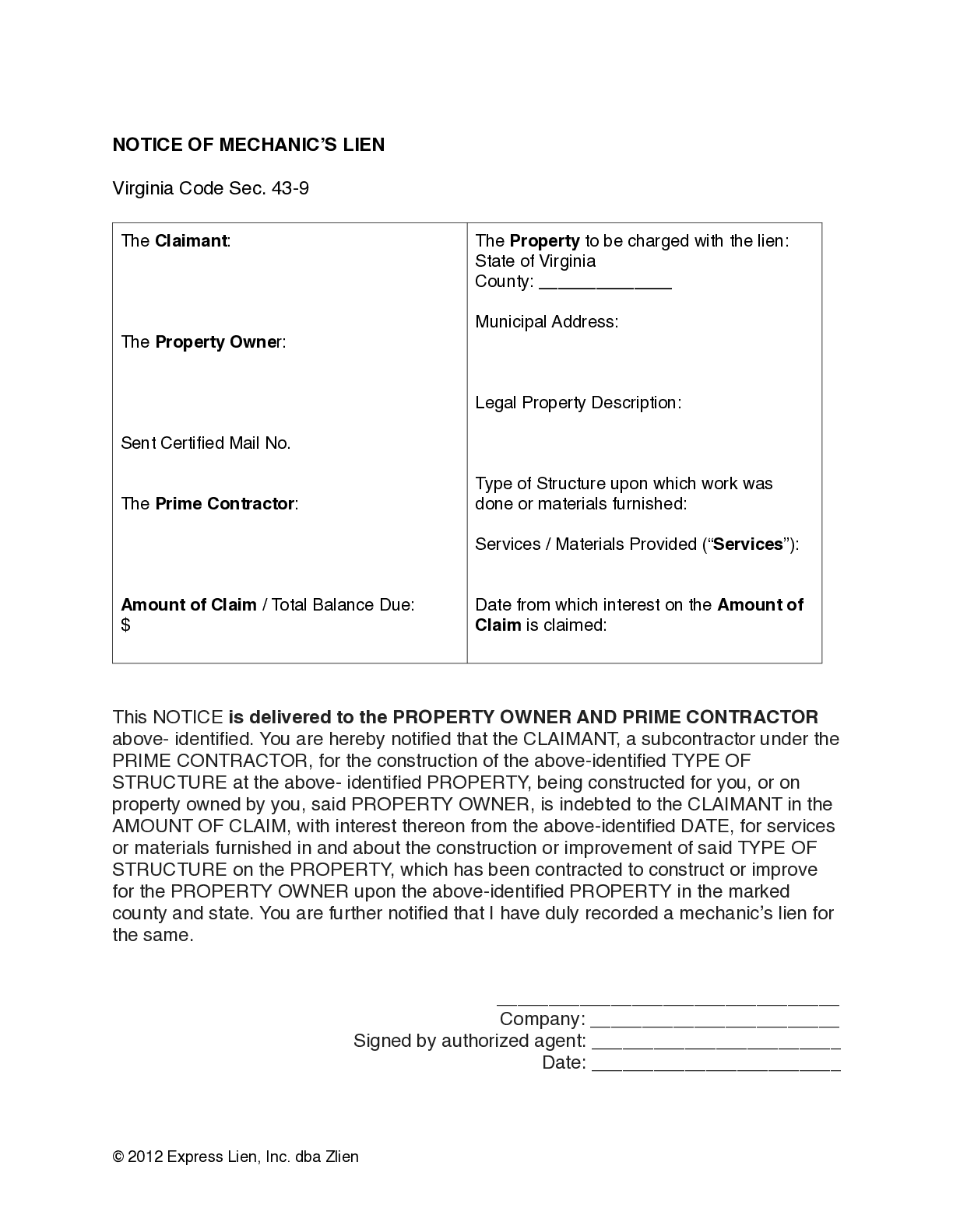 Virginia Memorandum of Lien for General Contractors Form - free from