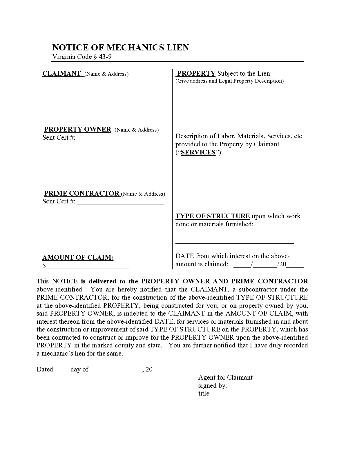 Virginia Memorandum of Lien for Subcontractors Form - free from