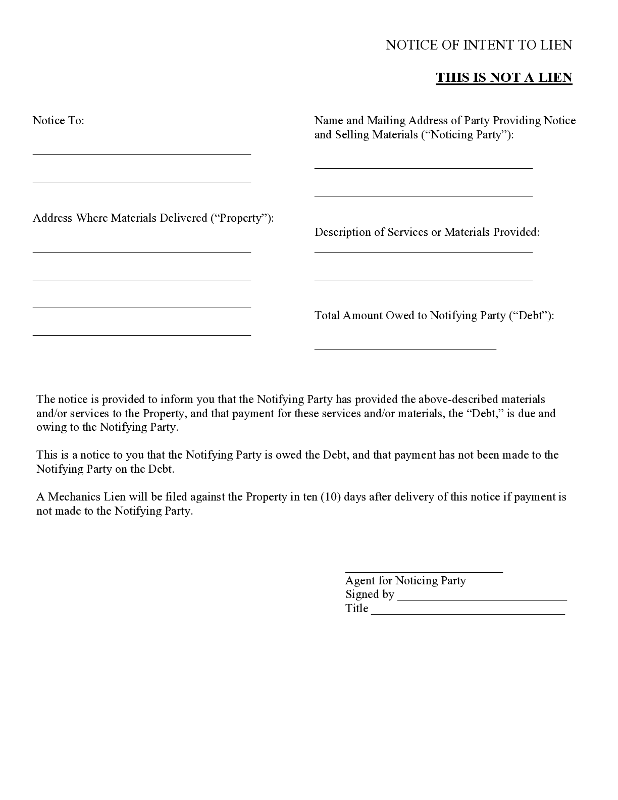 Virginia Notice of Intent to Lien Form