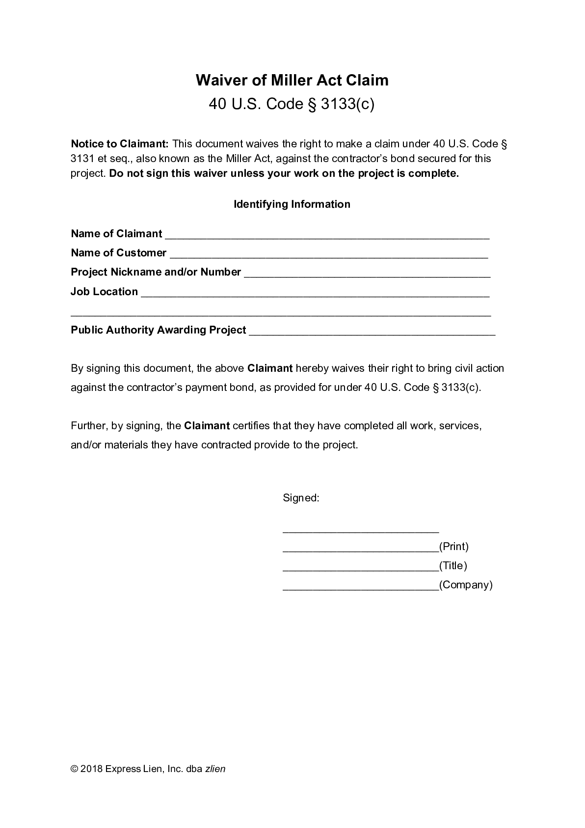 Waiver of Miller Act Claim Form