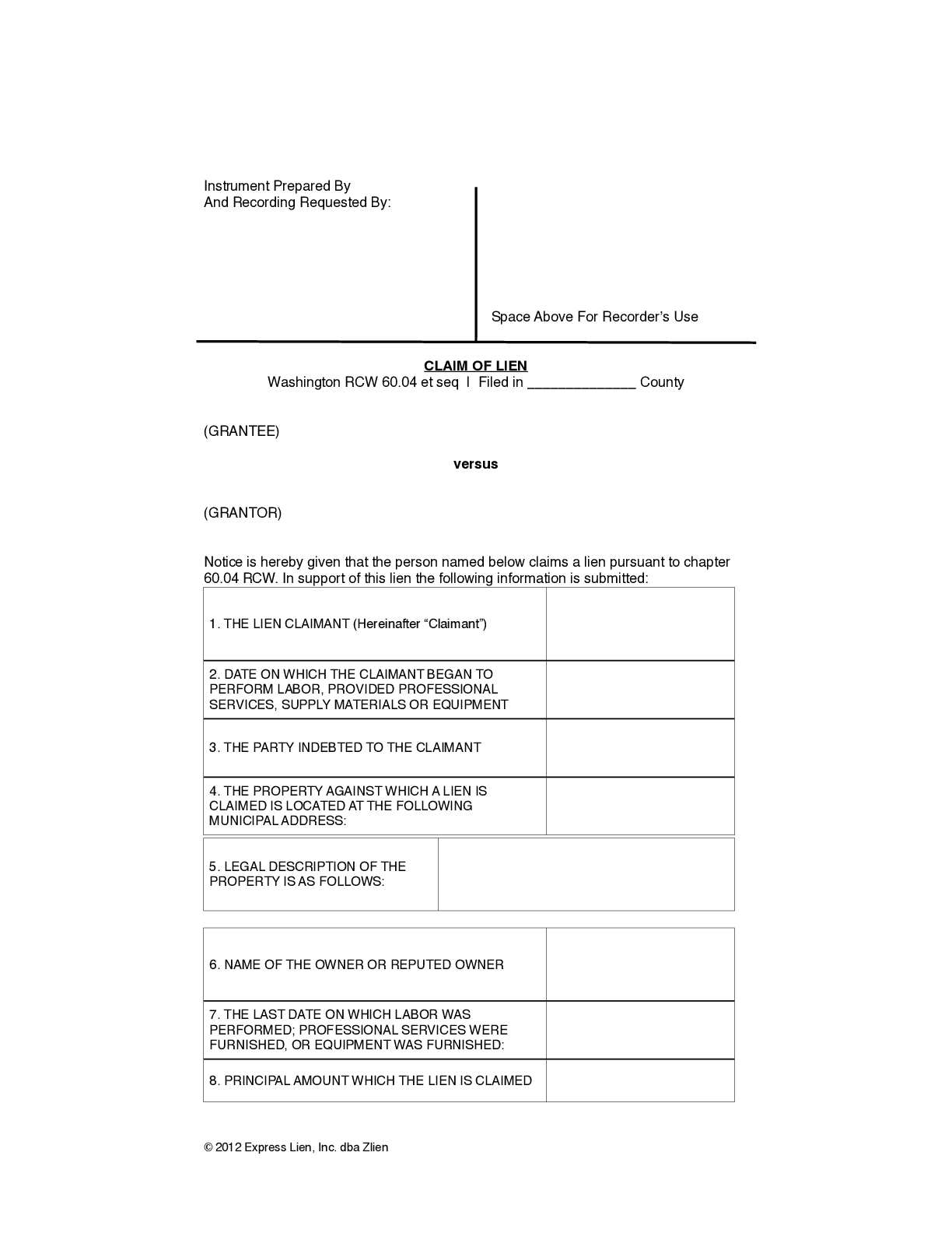 Washington Mechanics Lien Form