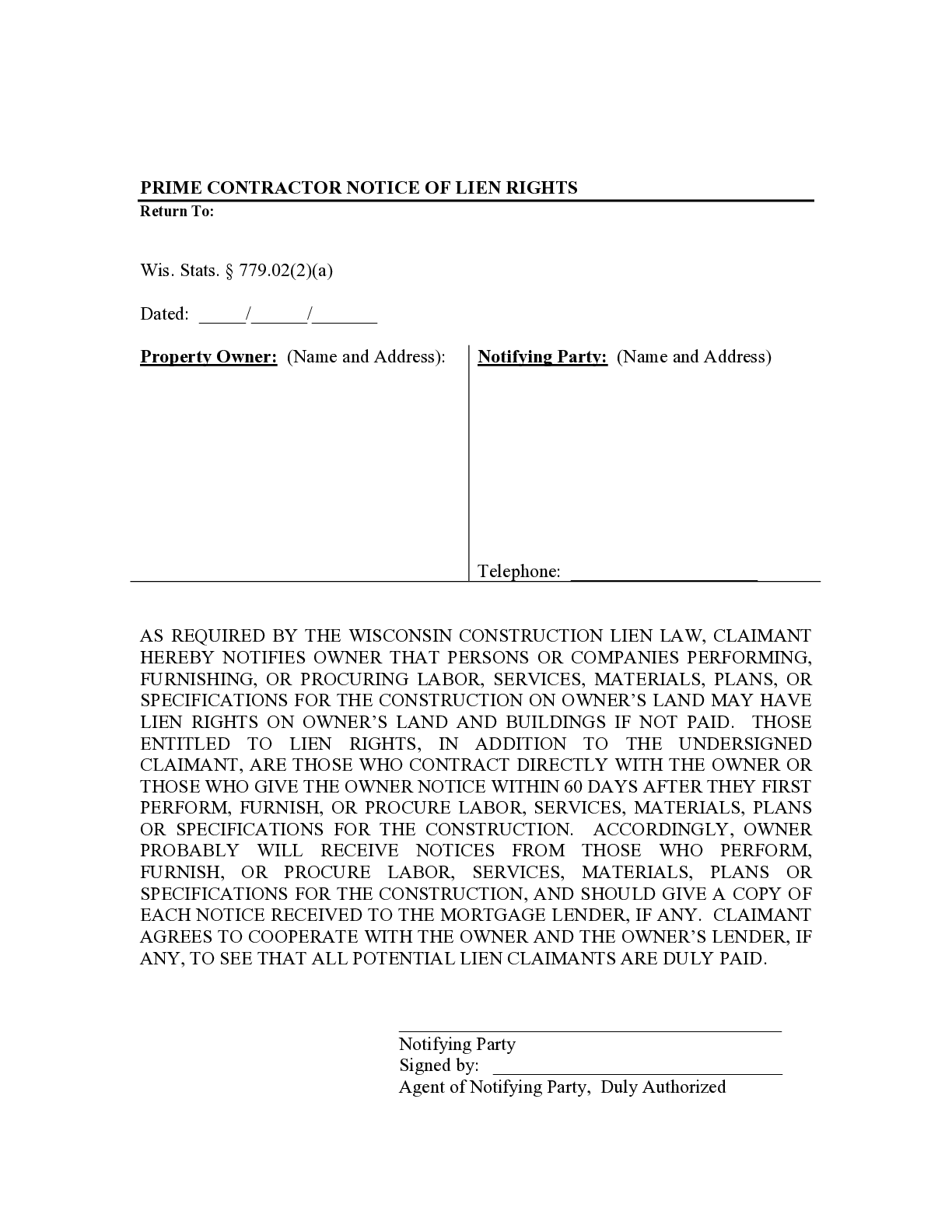 Wisconsin Notice of Lien Rights by Prime Contractor Form