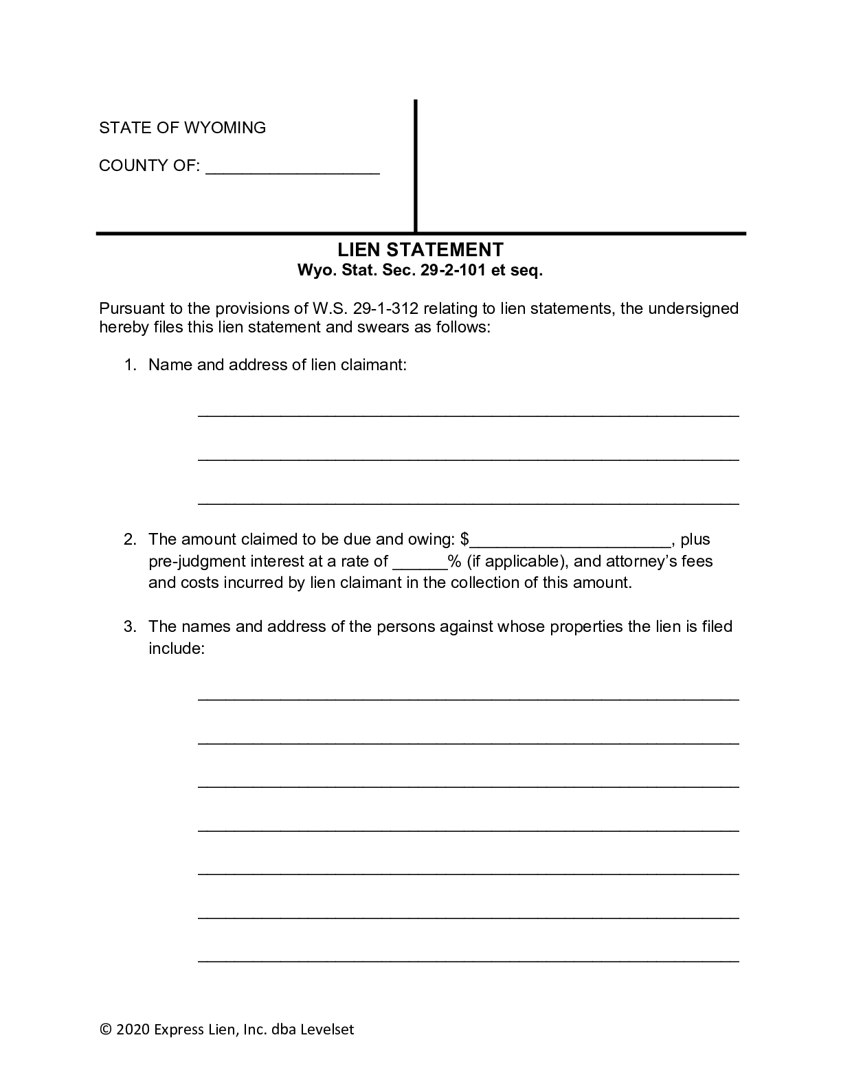 Wyoming Mechanics Lien Form - free from