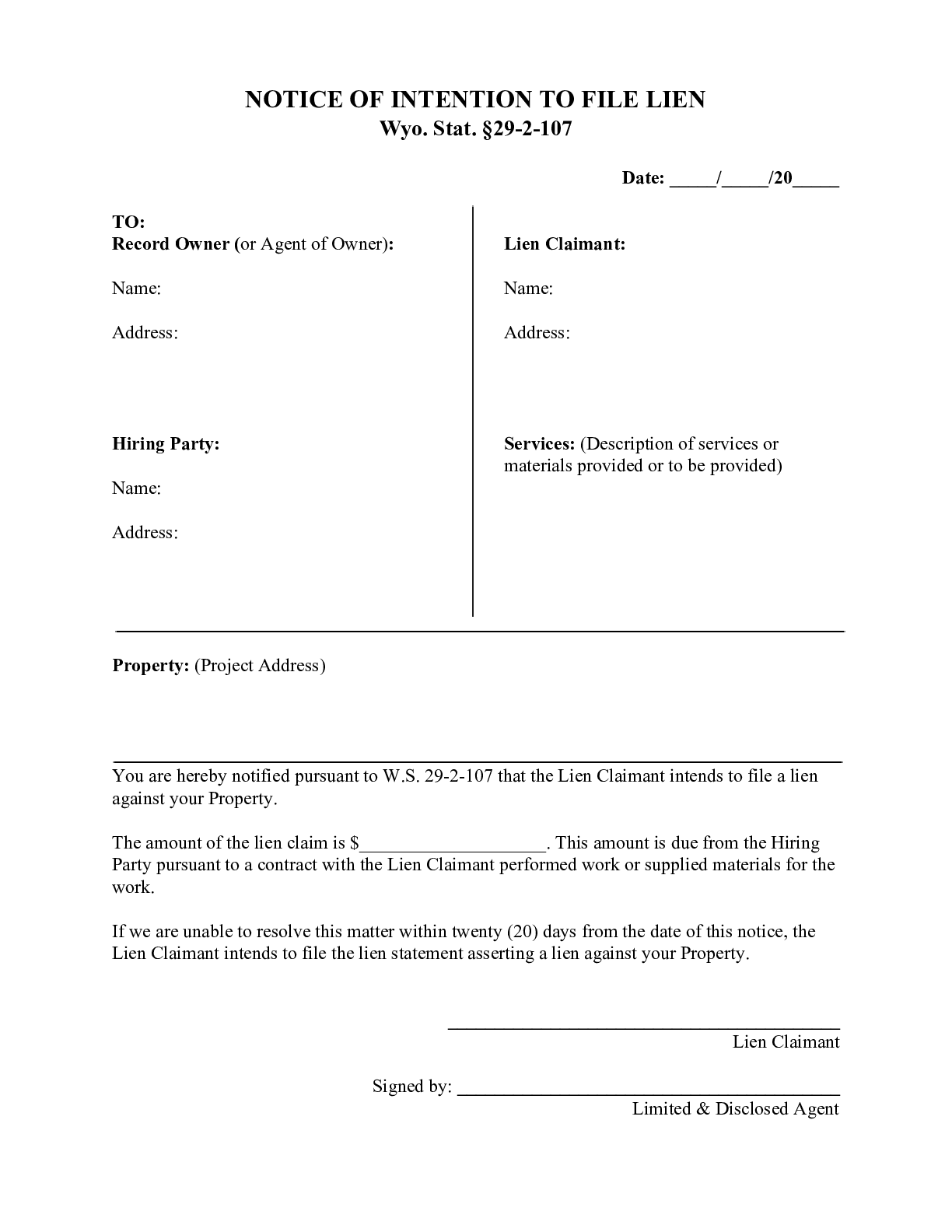 Wyoming Notice of Intent to Lien Form | Free Downloadable Template - free from