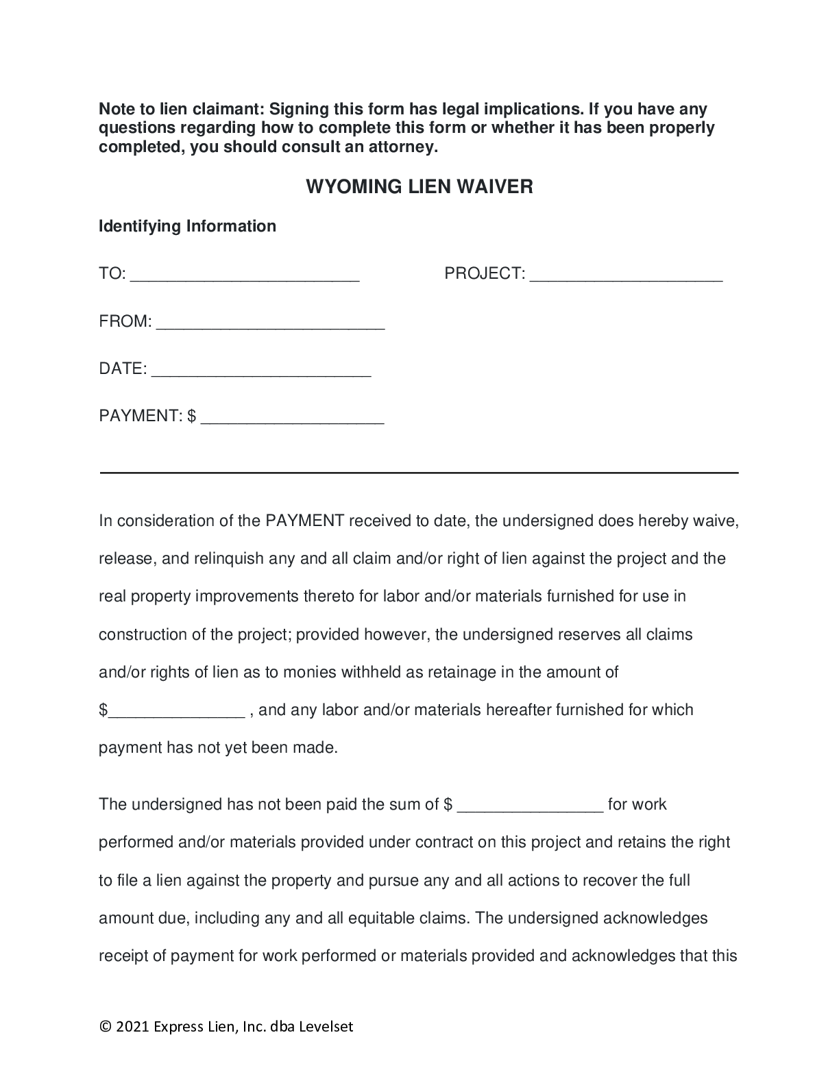 Wyoming Unconditional Lien Waiver Form - free from